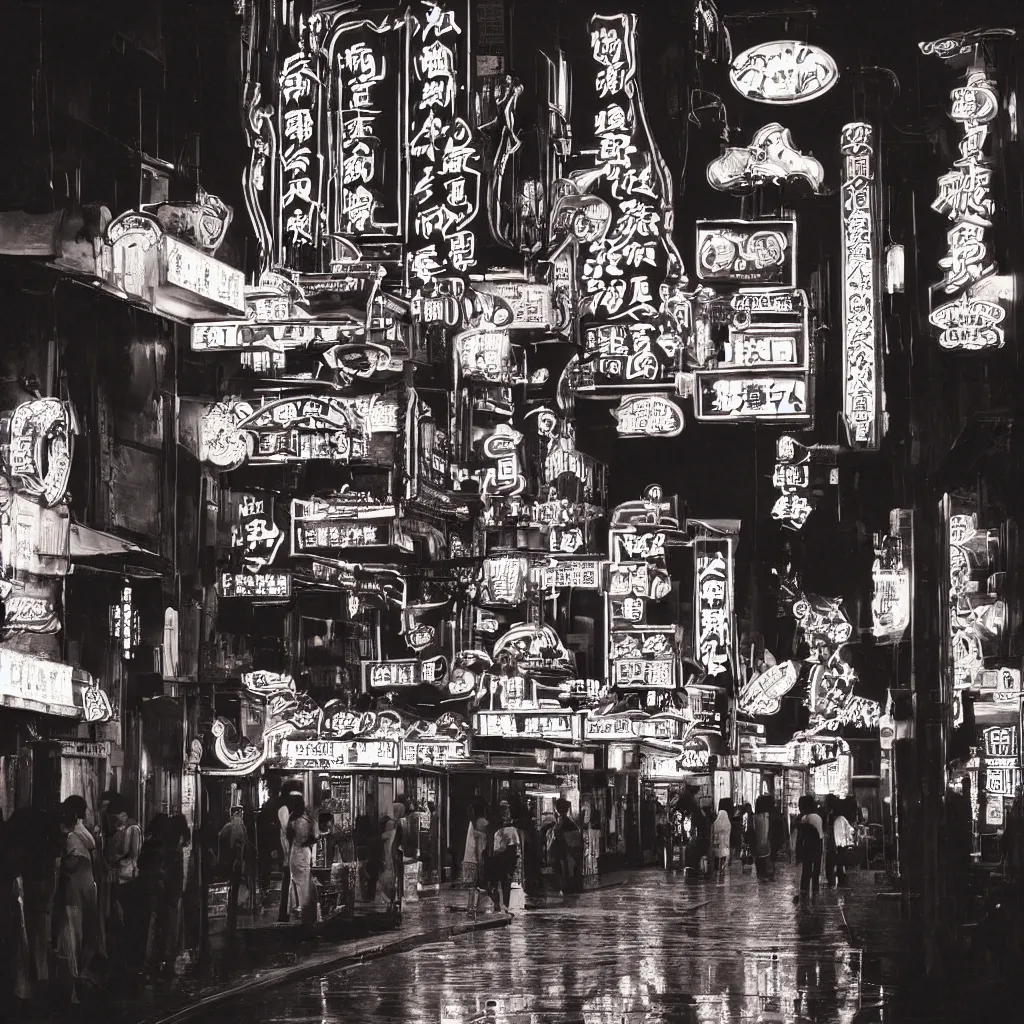 Image similar to a street lined with chinese casinos and nightclubs, bathing in lighting from neon signs, rainy afternoon, 1 9 9 5