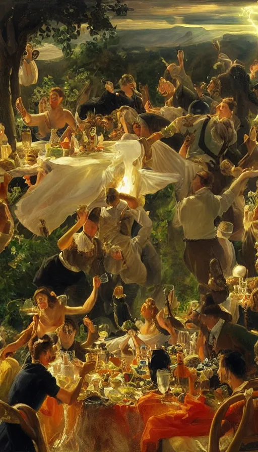 Prompt: still life painting of midsummer party getting struck by lightning, by Peder Krøyer, golden hour, dramatic lighting, epic, gargantuan, intricate detail, canvas print