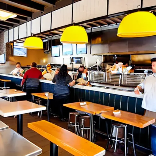 Image similar to busy wafflehouse interior with customers eating breakfast and wafflehouse employees serving food and cooking behind countertop