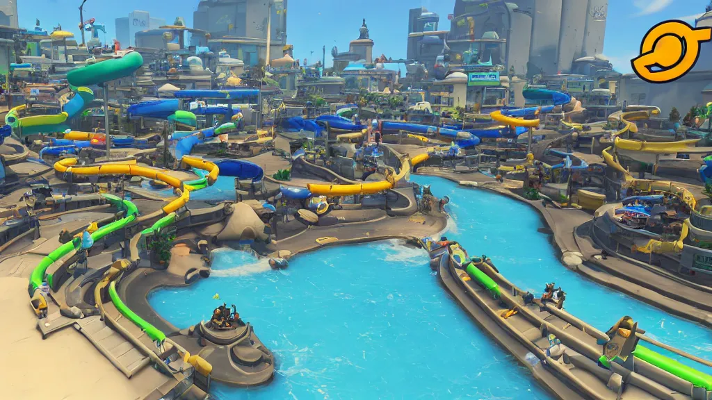 Image similar to Screenshot from Overwatch, at a water park