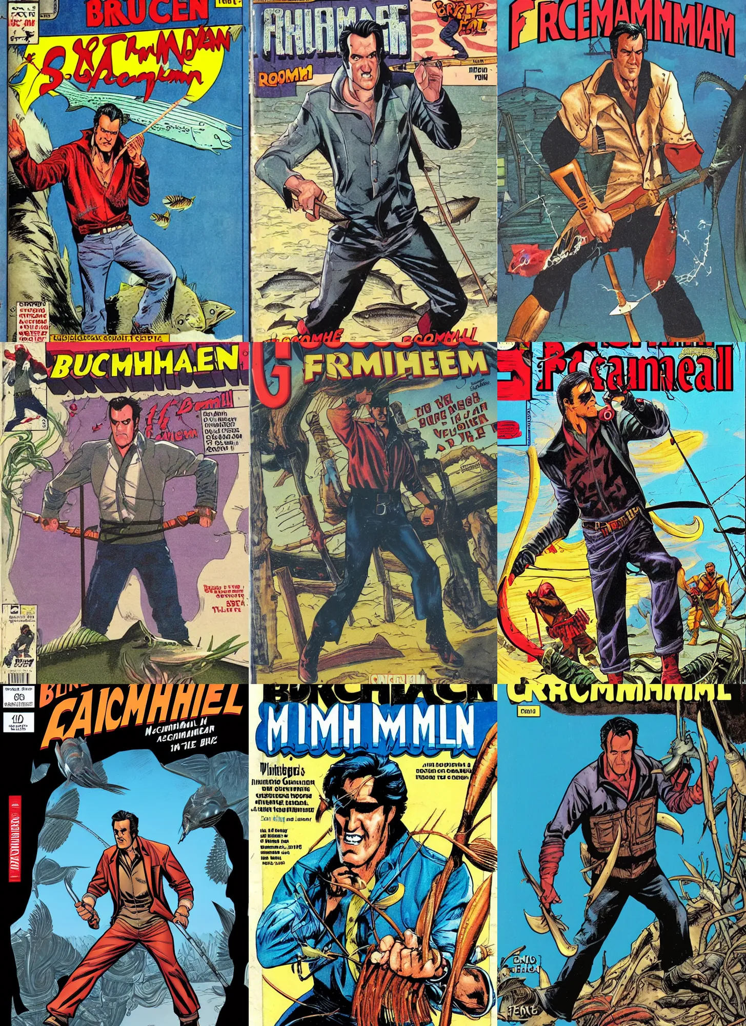 Prompt: comic book cover of bruce campbell fisherman