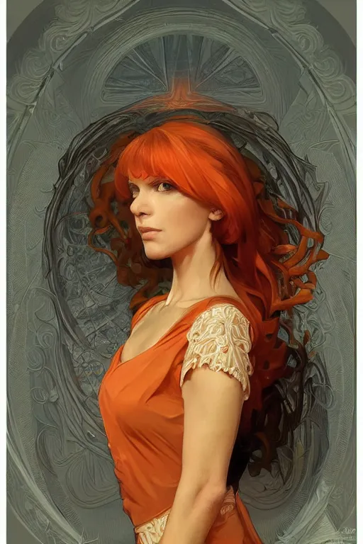 Image similar to portrait of tinfoil hat man in orange t - shirt behind his wife, feelings, romantic, fantasy, intricate, elegant, highly detailed, digital painting, artstation, concept art, smooth, sharp focus, illustration, art by artgerm and greg rutkowski and alphonse mucha