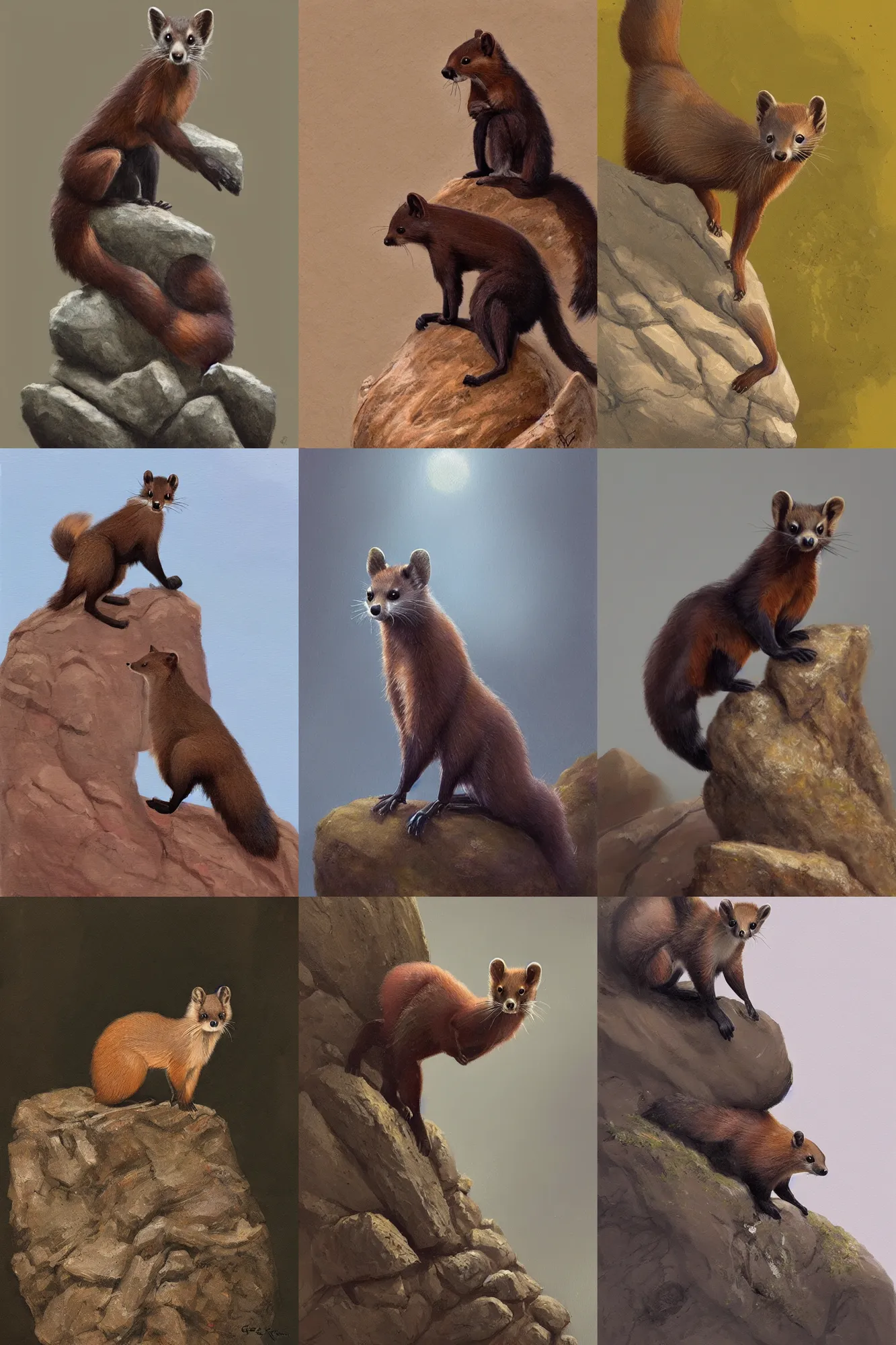 Prompt: painting of a pine marten standing on a rock : : anatomically correct : : greg rutkowski style