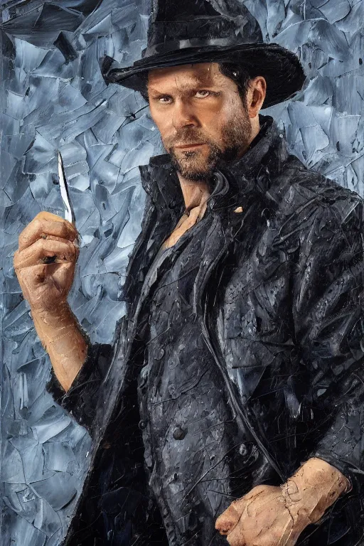 Image similar to palette knife oil painting of the norse god tyr as a noir detective wearing a fedora and a trenchcoat, with one hand missing. extreme detail. artstation trending, any racial background, artgerm, deviant art, octane, substance, art history 8 k