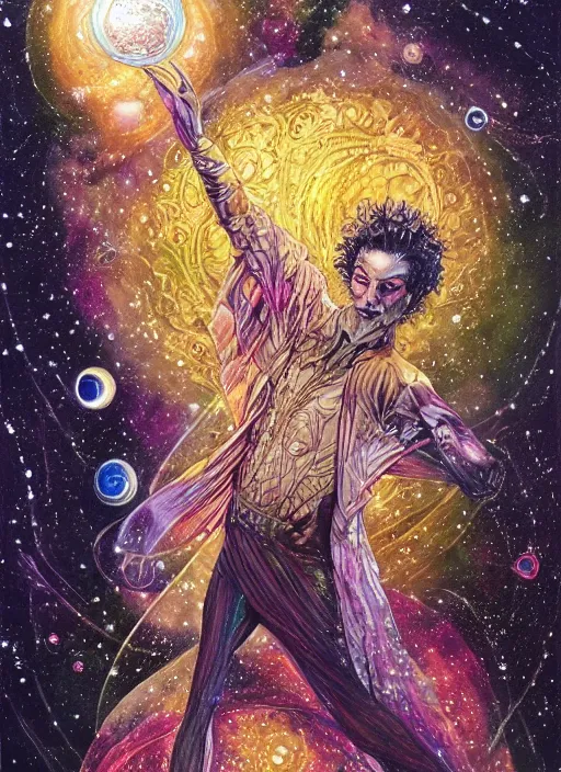 Image similar to high intricate colored ink drawing of the sandman holding a glimmering galaxy, full shot, neil gaiman, maria panfilova, andrea savchenko, mike kime, ludovic plouffe, qi sheng luo, oliver cook, julian calle, eddie mendoza, trending on artstation