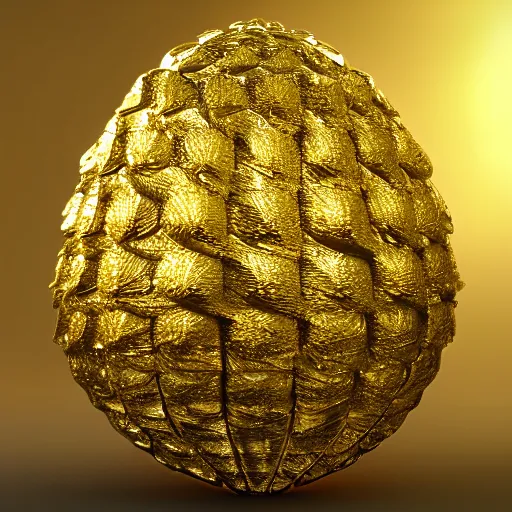 Prompt: glowing metallic dragon scale egg sitting on a nest of gold objects, photorealistic, symmetrical, unreal engine
