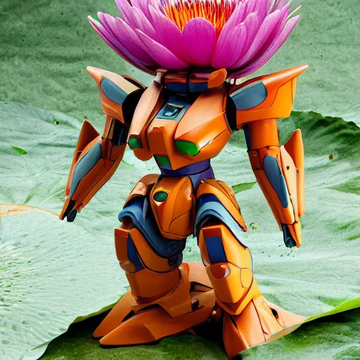 Image similar to futuristic nymphaea themed mecha waterlily upper body, flower sepals forming helmet, evangelion, nymphaea, 8 k hd resolution, barbatos gundam textured with waterlily pads, bandai box art, star wars, makoto kobayashi, frank gehry, raymond swanland