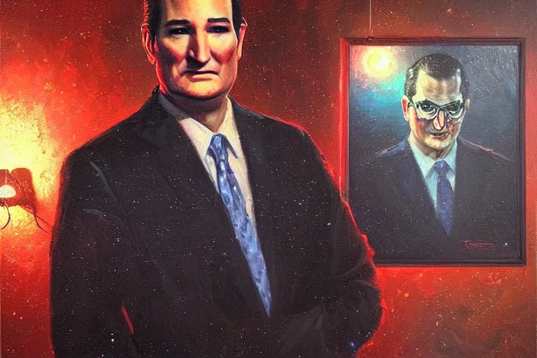 Image similar to portrait of ted cruz as the zodiac killer at night texas, an oil painting by ross tran and thomas kincade