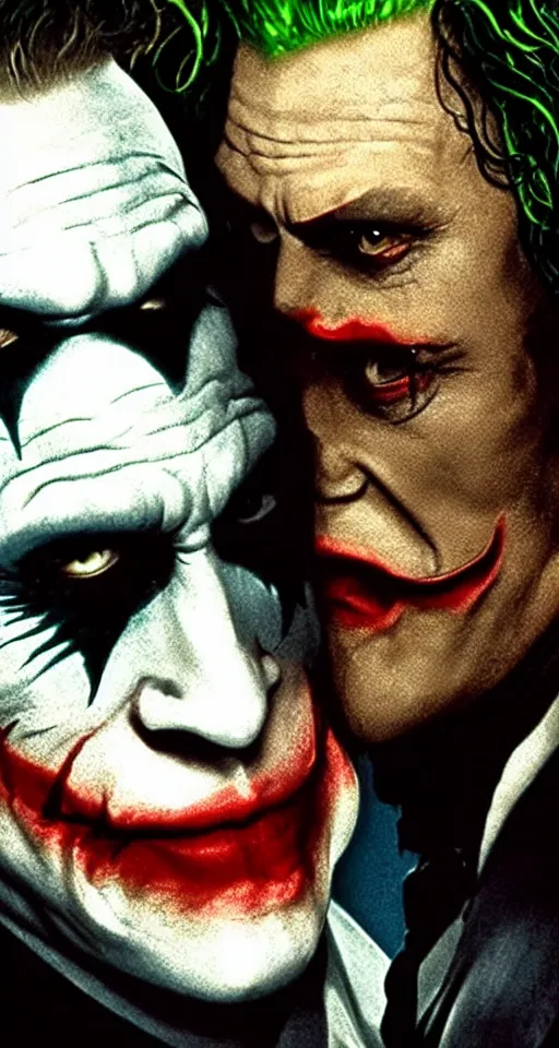 Prompt: the joker and batman sharing a beautiful kiss, award winning movie screenshot, passionate