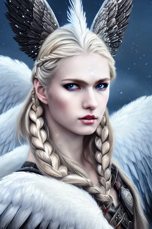 Prompt: artistic portrait of a stern and fierce valkyrie with white feathered wings, wearing armor, feathered wings, perfect fit body, long blonde braided hair, beautiful eyes and lips, winter setting, art by artgerm and wlop and brom, highly detailed, 8 k, cinematic, mist, digital painting, sharp focus, illustration, masterpiece