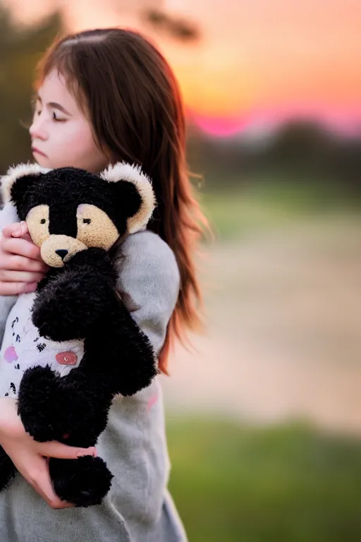 Prompt: canon, 30mm, bokeh, girl holding a teddy bear, snuggly, black hair, sunset, contrejour