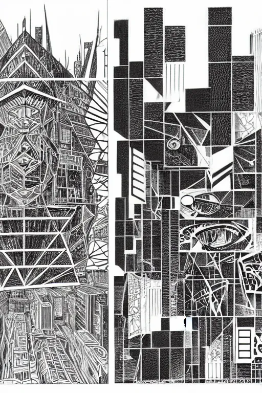 Image similar to a black and white drawing of a building, cityscape, a detailed mixed media collage by hiroki tsukuda and eduardo paolozzi and moebius, intricate linework, sketchbook psychedelic doodle comic drawing, geometric, street art, polycount, deconstructivism, matte drawing, academic art, constructivism