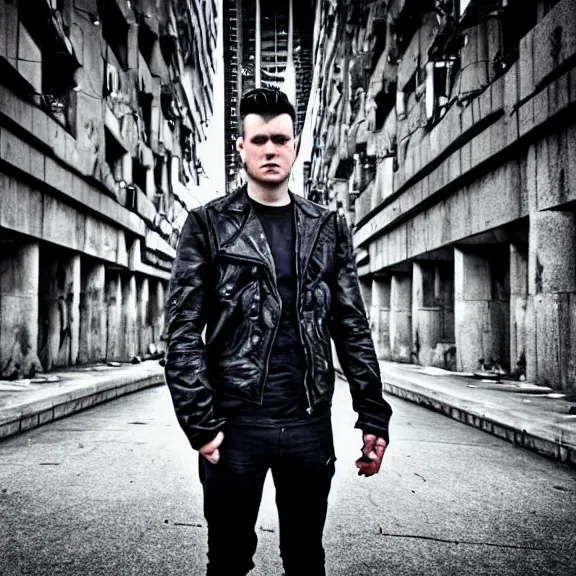 Prompt: dustin bates from starset in an epic cinematic shot, standing in the streets of a distopian future city made of brutalist architecture, extreme detail