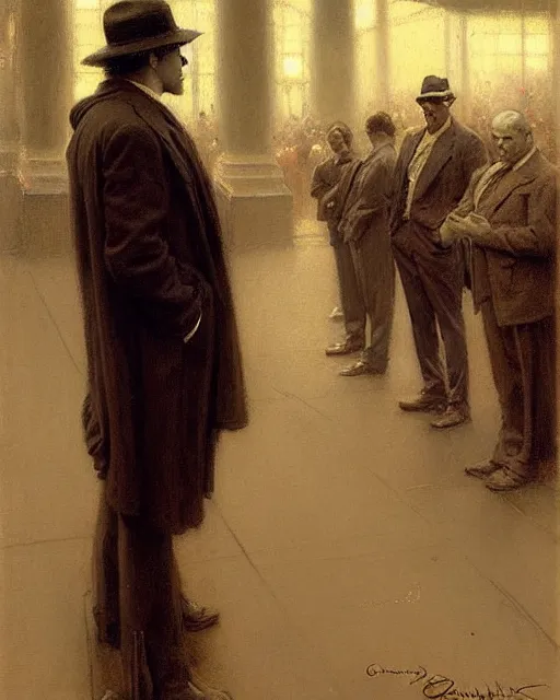 Prompt: attractive man waiting in line to audition for a hollywood movie, paramount movie lot 1 9 2 8 melancholy, nostalgia, painting by gaston bussiere, craig mullins, j. c. leyendecker