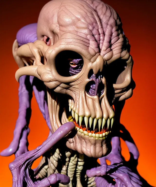 Image similar to hyperrealistic rendering, cronenberg flesh monster skeletor by art of skinner and richard corben and jeff easley, product photography, action figure, sofubi, studio lighting, colored gels