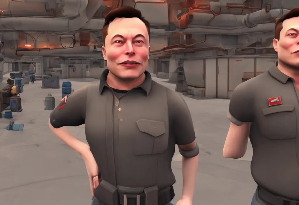 Image similar to elon musk in team fortress 2, elon musk in the video game team fortress, gameplay screenshot, close up, 3 d rendering. unreal engine. amazing likeness. very detailed.