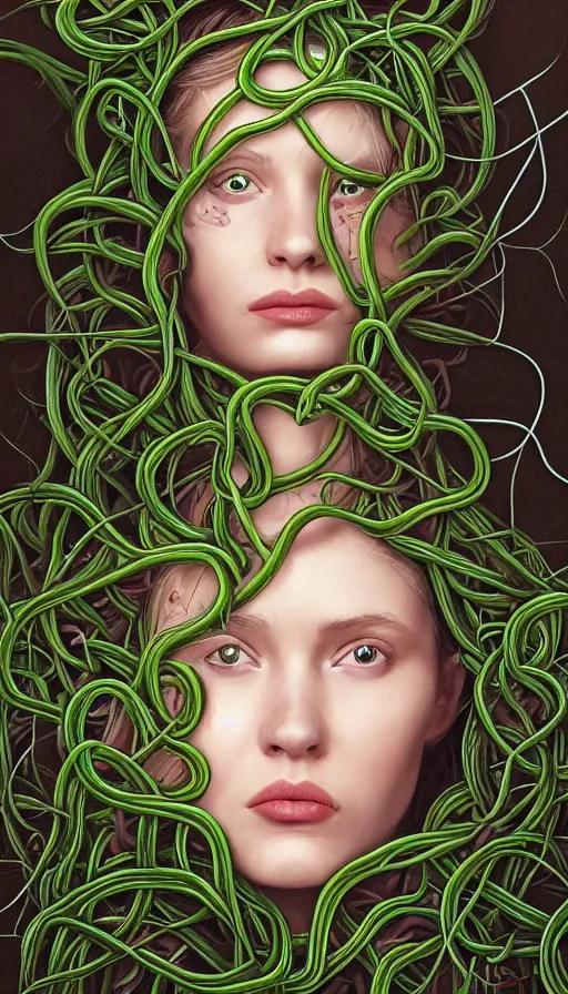 Image similar to very detailed portrait of a 2 0 years old girl surrounded by tentacles, the youg woman visage is blooming from fractal and vines, by jason de graaf