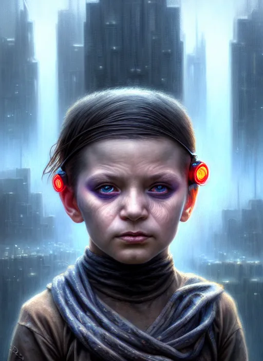 Image similar to closeup portrait shot of a cyberpunk child in a scenic dystopian environment, intricate, elegant, highly detailed, centered, digital painting, artstation, concept art, smooth, sharp focus, illustration, artgerm, tomasz alen kopera, peter mohrbacher, donato giancola, joseph christian leyendecker, wlop, boris vallejo