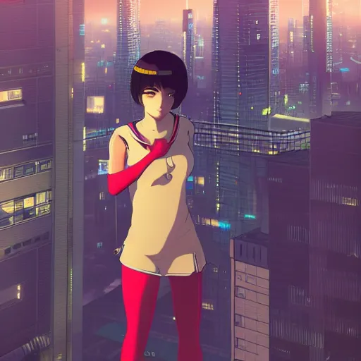 Prompt: a girl stands on top of a multi-storey building, anime style, 4k, cyberpunk city in the background, very detailed, by Ilya Kuvshinov