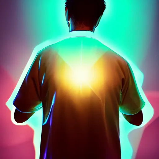 Image similar to portrait of rick sanchez, lab coat and tee shirt, lens flare, atmosphere, glow, detailed, intricate, full of colour, cinematic lighting, 4 k, hyperrealistic, focused, extreme details, cinematic, masterpiece