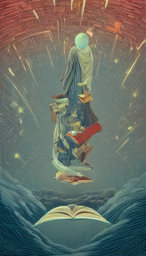 Image similar to The oracle of bibliophiles on cosmic cloudscape, italian futurism, Dan Mumford, da vinci, Victo Ngai, Kilian Eng