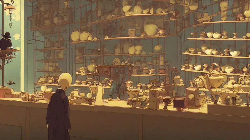 Prompt: an automata working at a tea shop, anime film still from Studio Ghibli movie with art direction by Zdzisław Beksiński, wide lens