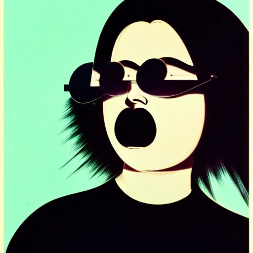 Prompt: a chubby young goth girl an asymmetrical ombre mohawk wearing a leather jacket, euro sunglasses, and a black tshirt. high key, anaglyph lighting, melancholic complex flat geometric minimalism by oskar schlemmer, moebius, john berkey, oil on canvas, portrait facial head, featured on artstation, hd wallpaper, anime art nouveau cosmic display