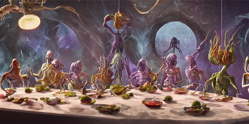 Image similar to !view from the kitchen, behind the chefs we see !13 diverse aliens enjoying a rich salad around a marble table, !positioned as last supper cinematic lighting, crystals and diamonds, fantasy, surreal, floating, highly detalied, 4k, artstation, by Wayne Barlowe