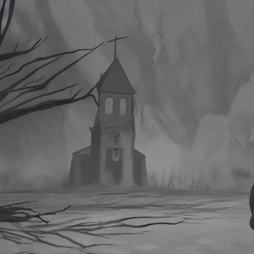 Prompt: ghost of a girl, a burnt out church, wisps of smoke, spooky, photorealism, cel shaded, studio ghibli, hayao miyazaki