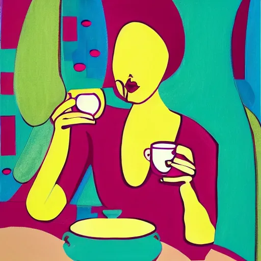 Image similar to beautiful lady, drinking tea, fruit basket, painting, abstract, clean shapes, print, litography pastel colors, ink lines, markus gunnar, konstfack