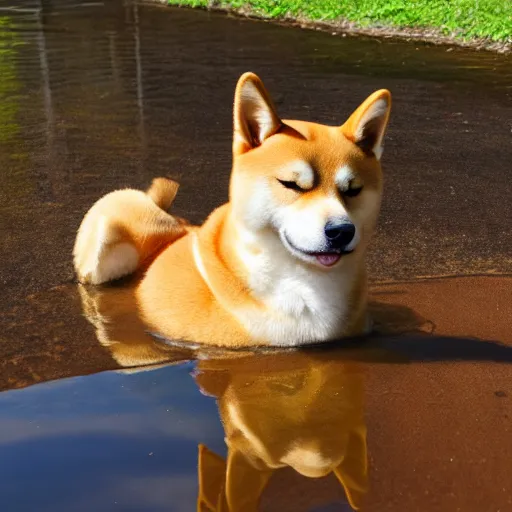 Prompt: shiba inu in a puddle on a hot summer day with the sun in the sky above them, realism, highly detailed, back lit, god rays, bloom, 4k