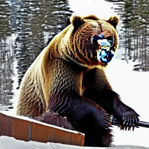 Image similar to grizzly bear holding a mounted minigun