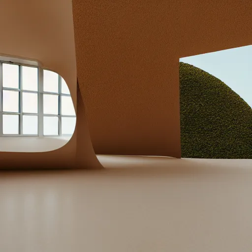 Prompt: surrealist interiors, minimalism, archs, minimal architecture, desert, glass objects, arcs, redsfhit render