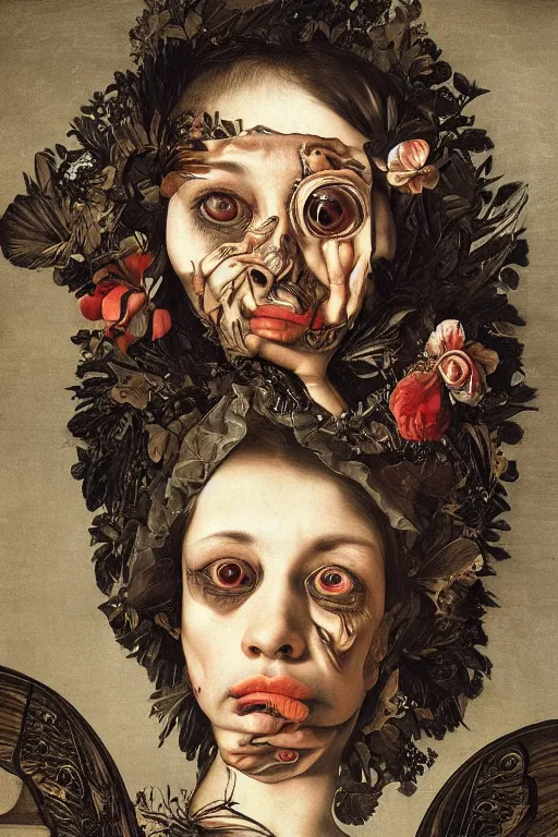 Image similar to Detailed maximalist portrait with large lips and with large eyes, sad exasperated expression, HD mixed media, 3D collage, highly detailed and intricate illustration in the style of Caravaggio, dark art, baroque