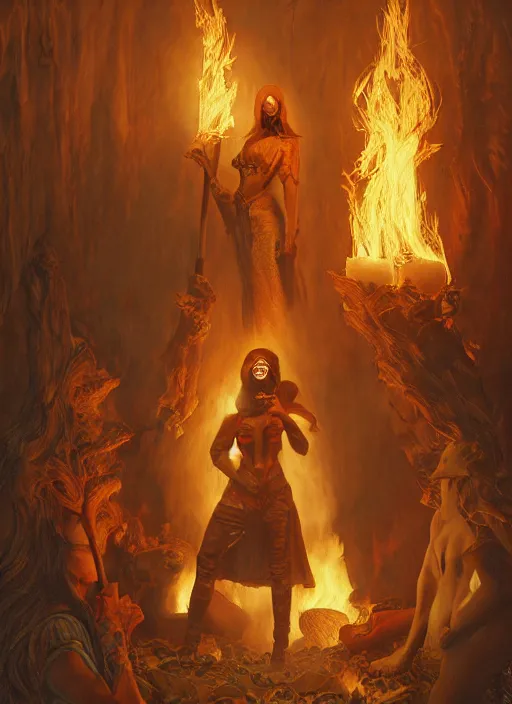 Image similar to masked firestarter inside covens den, intricate wiccan scene detailing, hyperdetailed fire, photorealistic, diffuse lighting, hdrp, artstation, unreal 5, smooth, textless, sharp focus, art by john collier, albert aublet, krenz cushart, artem demura, alphonse mucha