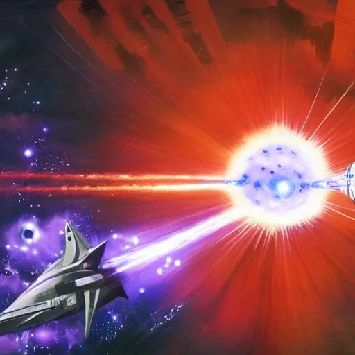 Prompt: science - fiction space battleship in combat, laser beams, explosions, space, planets, mate painting