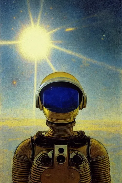 Image similar to portrait of a beautiful chrome gay male robot wearing a space helmet, reflections, mirroring, stars in space, rich clouds, warm azure tones, heavy lensflare, color bleed, film grain, depth of field, jules bastien - lepage, rudolph belarski, johfra bosschart, alexandre cabanel