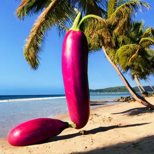 Image similar to huge eggplant sunbathing on the beach among people, photo,