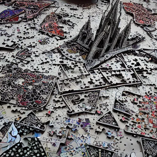 Prompt: Pieces of a jigsaw puzzle scattered over a surface. The drawing on the pieces forms a large cathedral