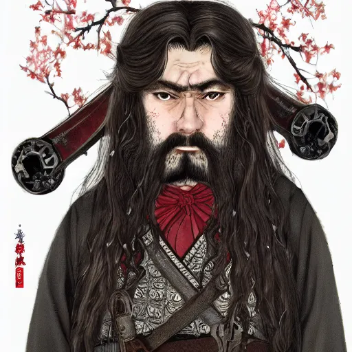 Image similar to detailed portrait of hagrid samurai with swords and steampunk rifles, in snow forest sakura cherry blossom, hakama kimono, trending on artstation elite, elegant, luxury, by krenz cushart, junji ito, takato yamamoto, perfect face, fine details, realistic shaded, fine - face, pretty face