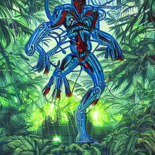 Image similar to a mutant cyborg in a tropical forest, connected to a tree by plant roots and electric cables, detailed, afro futurism painting