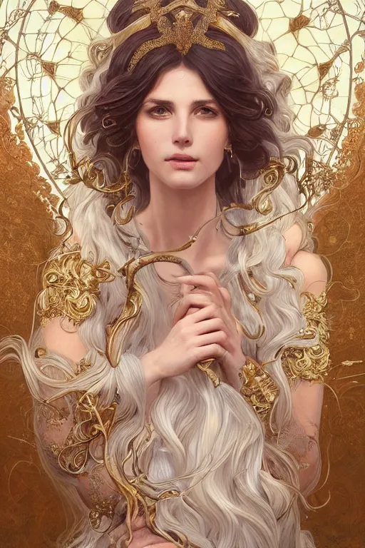 Image similar to fullbody!! of a beautiful woman with long white hair, big natural horns on her head, long flowing intricate dress, gold jewellery, dnd, face, fantasy, intricate, elegant, highly detailed, digital painting, artstation, concept art, smooth, sharp focus, illustration, art by artgerm and greg rutkowski and alphonse mucha