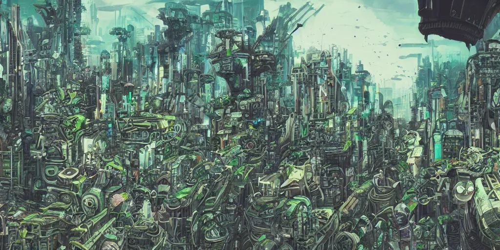 Image similar to future city covered by forest creature, flying, culture, smooth, crash, war, battle, cyberpunk, monster, gravity mess, by studio ghibli