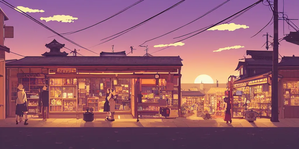 Image similar to beautiful illustration of a small shop window in kyoto on a beautiful sunset, anime manga style, aesthetic, cory loftis, james gilleard, atey ghailan, makoto shinkai, goro fujita, studio ghibli, makoto shinkai, view isometric