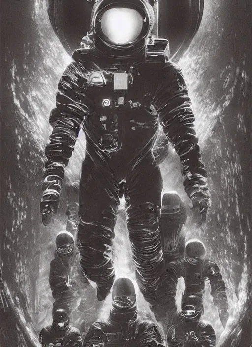 Image similar to astronauts in dark and empty void underwater - complex and hyperdetailed suit. reflection and dispersion materials. rays and dispersion of light. volumetric light. 5 0 mm, f / 3 2. noise film photo. flash photography. ultra realistic, wide angle. poster by wayne barlowe, hajime sorayama aaron horkey, craig mullins. polaroid.