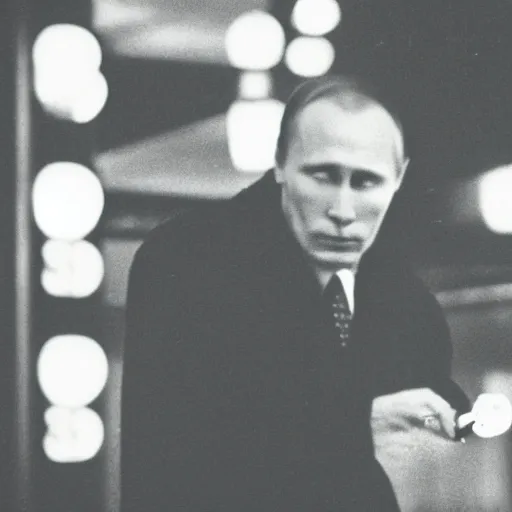 Image similar to retro photograph of a Putin smoking a cigarette in Japan at night, Kodak film photo