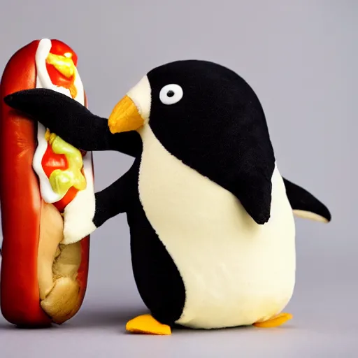 Image similar to A penguin plush holding a hotdog. Beautifully made, detailed, cute, soft. High quality, studio lighting, product image