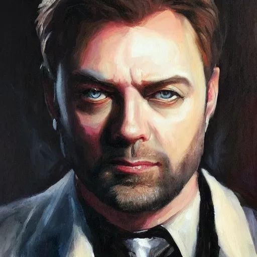 Image similar to Crowley from supernatural, noble portrait, professional painter, oil painting, superior look
