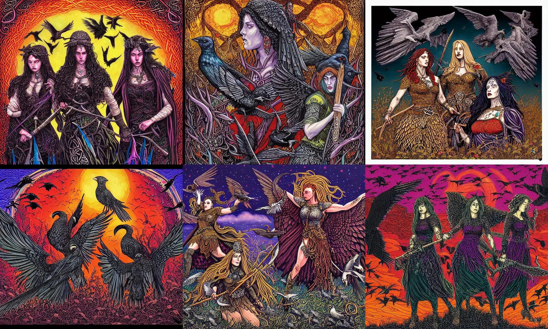 Prompt: a fine art painting and ink of the Badb or Morrigan, three irish celtic godesses of war and battle, surrounded by a murder of crows, celtic fantasy, painting by dan mumford and jim fitzpatrick, detailed, colorful