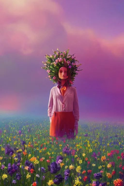 Image similar to closeup, giant flower head, girl in suit floating above field of flowers, surreal photography, sunrise, blue sky, dramatic light, impressionist painting, digital painting, artstation, simon stalenhag